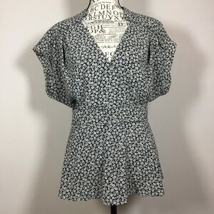 Black white floral wrap front blouse smocked waist fairycore XL